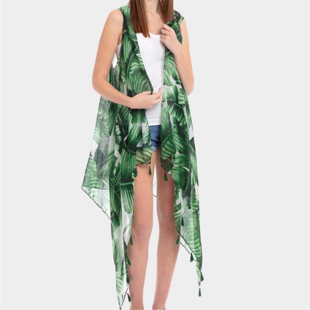 Tropical, Leaf Print Sleeveless Cover-Up